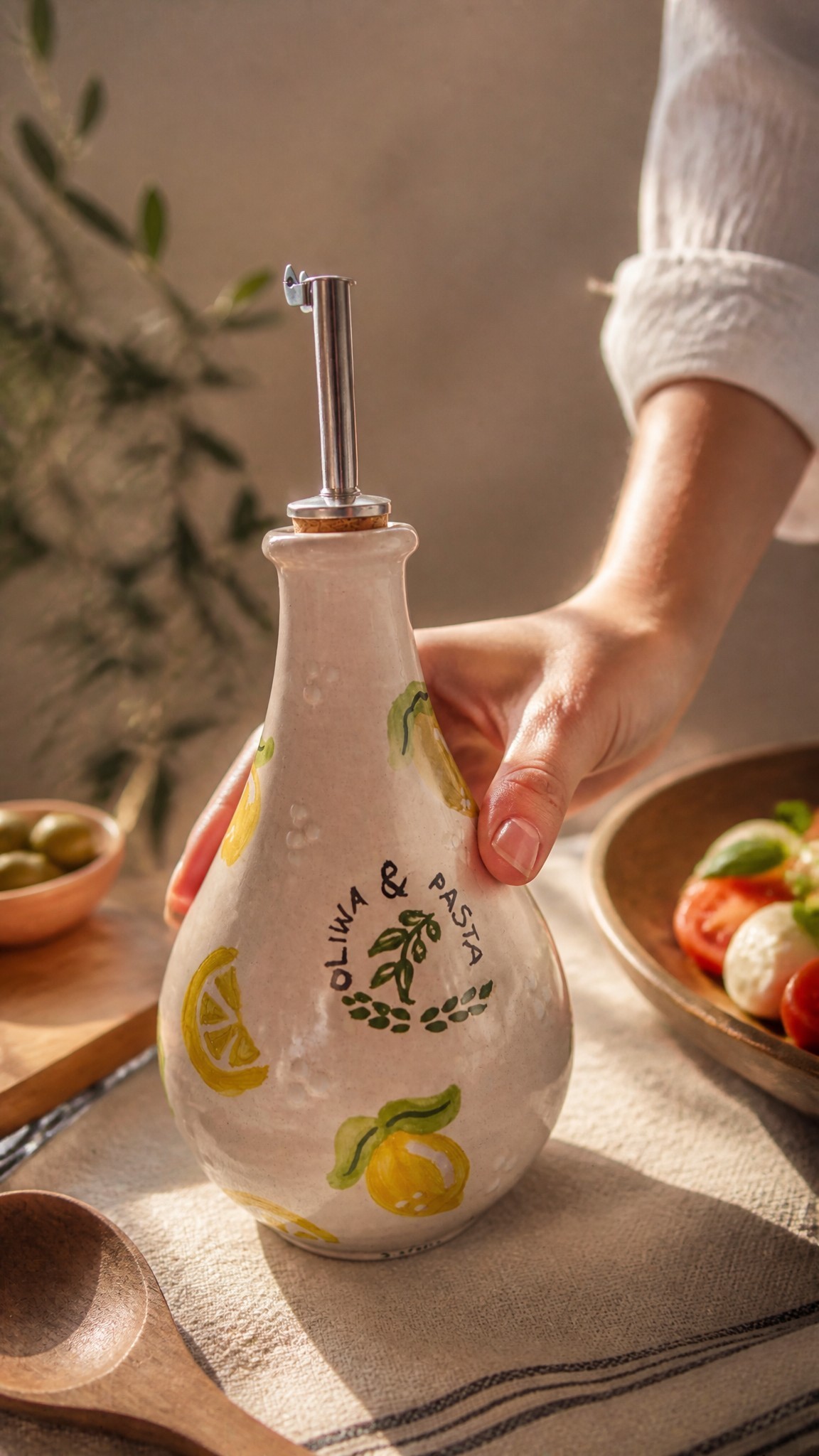 Duży ceramiczny dzbanek Oliwa i Pasta ręcznie malowany w cytryny