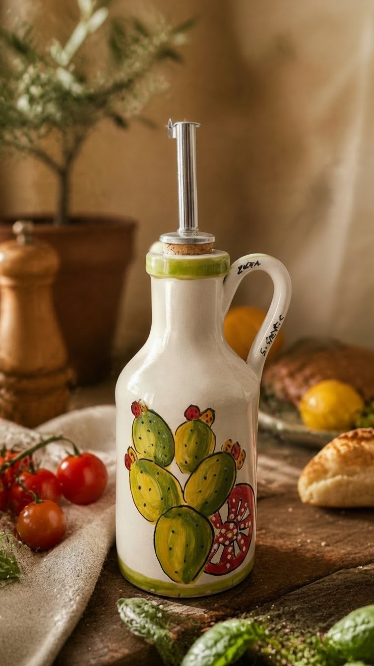 Mały ceramiczny dzbanek do oliwy z ręcznie malowaną opuncją