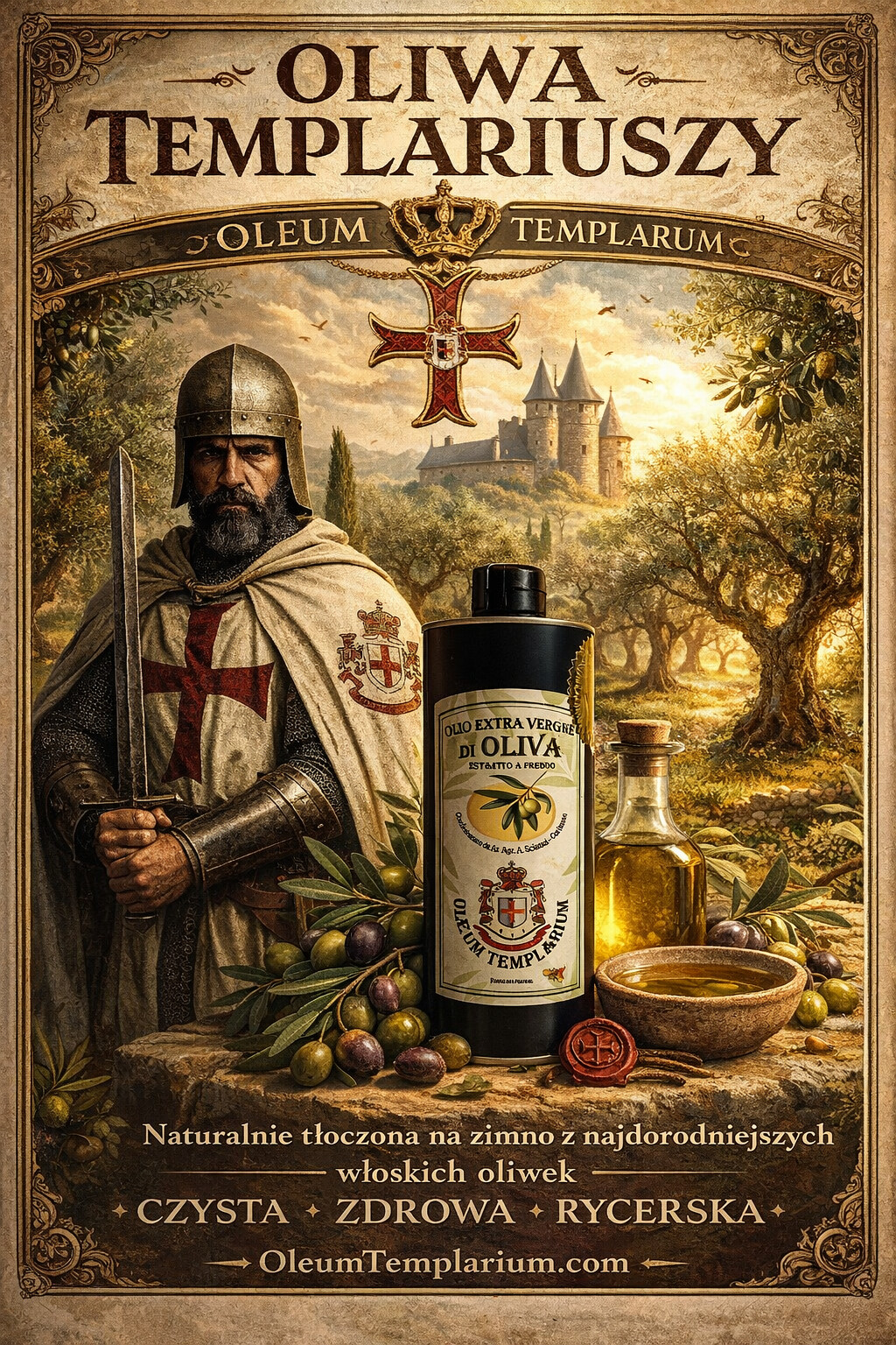 Plakat Oliwa Templariuszy z butelką Oleum Templarium